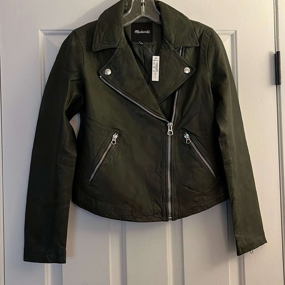 NWT Madewell Women's Dark Green Washed Leather Motorcycle Jacket (Size S)